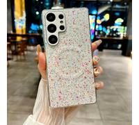 PPFVVTV Magnetic Wireless Charging Solid Color Plating Border Glitter Phone Case for Samsung S25 Ultra S23 S24 Ultra Plus(Galaxy S25 Ultra/Mi White)