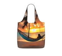 PPHGUT Coconut Beach Sunset Hammock Print Women Men Foldable Reusable Shopping Lightweight Tote Bag Weekend Travel Camping