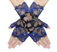 PPhtony Women Short Lace Gloves 80s Opera Evening Wedding Sunblock Fingerless Bridal Floral Gloves for Girl Halloween Cosplay, Royal Blue & Black, One size