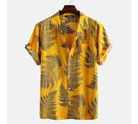 PPJIU Hawaiian Beach Shirt,Casual Lapel Buttoned Blouse Classic Tropical Leaf Patternloose Breathable Hawaiian Style Vintage Aloha Short Sleeve For Mens Womens Beach Holiday,Yellow,M