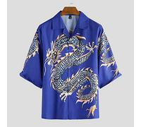 PPJIU Mens Hawaiian Shirts,Hawaiian Casual Lapel Buttoned Short Sleeve Simple Chinese Dragon Pattern Quick Dry Breathable Vintage Style Aloha Shirt For Mens Womens Beach Holiday,Blue,L