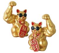 Ppmter 2 Pcs Lucky Cat Statue Muscle Arm Lucky Fortune Cat Figurine Sculptures Fortune Wealth Welcoming Cat Ornament Chinese New Year Decoration