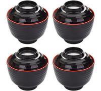 Ppmter 4 Pcs Miso Soup Bowl with Lid Japanese Rice Bowl Traditional Black and Red Bowl Ramen Bowl Japanese Style Dinnerware