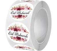 Ppmter Eid Mubarak Stickers Roll, 500 Pcs Round Adhesive Label Stickers Decal for Ramadan Decorations, Ramadan Envelope Invitation Card Gift Tag Party Decor