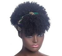 Ppmter Short Afro Kinky Curly Wigs with Bangs Wrap Headband Wigs 2 in 1 Synthetic Turban Wig Afro Scarf Wig 4inch Natural Curly Cosplay Wig