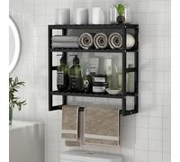 PPN Towel Rack Bathroom Storage Shelves Over The Toilet with Towel Bar 100% Bamboo Adjustable Height Floating Shelf Wall Shower Shelf for Small Space Bathroom Kitchen Multi Usage (Black-1Pack)