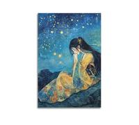 PPOXXFFE Kimono Girl Under The Starry Sky Poster Poster Decorative Painting Canvas Wall Posters And Art Picture Print Modern Family Bedroom Decor Posters 08x12inch(20x30cm)