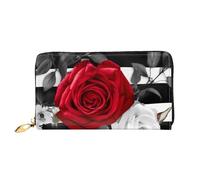 PPTHSNVB Black White Stripes Red Rose Flowers Women's Wallet Large Capacity Credit Card Holder Zip Phone Clutch Ladies Travel Purse, Black White Stripes Red Rose Flowers, One Size, Classic