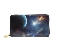 PPTHSNVB Christmas Wood Women's Wallet Large Capacity Credit Card Holder Zip Phone Clutch Ladies Travel Purse, Moon Stars And Planets, One Size, Classic