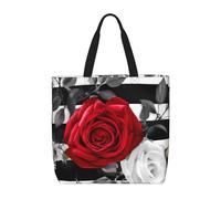 PPTHSNVB Tote Bag for Women Reusable Shopping Grocery Bags Black White Stripes Red Rose Flowers Shoulder Bags Handbag Weekender Bag