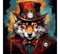 PPTRTYQT Colorful Red Wolf Rose Steampunk Paint by Numbers DIY Canvas Oil Painting Kit for Adults, 16 X 16 Inch, with Frame