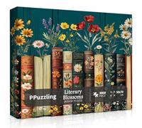 PPuzzling Vintage Wildflower Book Puzzles 1000 Pieces, Floral Jigsaw Puzzle, Retro Bookshelf with Blossoming Wildflowers, Botanical Literary Theme for Book Lovers 15+
