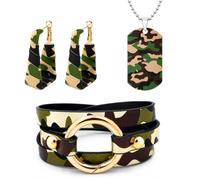 PPVWEY 3 Pcs Camouflage Jewelry Set for Women Adjustable Camo Pendant Necklace Geometric Camo Earrings Camouflage Leather Wrap Bracelet Army Green Jewelry Gifts, L, Metal, No Gemstone