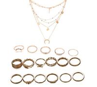 PPX 17 Piece Vintage Golden Midi Rings Finger Ring Set and Multilayer Necklace Jewellery for Women Girls Fashion Women Midi Ring Nail Finger Band with Storage Box