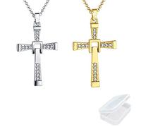 PPX 2 Pcs Dominic Toretto's Cross Necklace Pendant Vin Diesel Titanium Steel Necklace Men's Jewelry, Silver and Gold, with Box