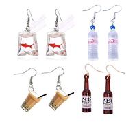 PPX 4 Pairs Funny Acrylic Goldfish and Water Bottle and Cute Pearl Milk Tea Dangle Earrings and Beer Bottle Dangle Earrings, Water Bag Shape Dangle Hook Earrings for Girls Women Bohemian Unique