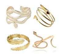 PPX 4 Pcs Green Eye Snake Serpent Hand Wrap Around Rhinestone Bracelet and Chic Egypt Cleopatra Swirl Snake Arm Cuff Armlet Armband Open Bangle Bracelet Gold, M, Metal, other