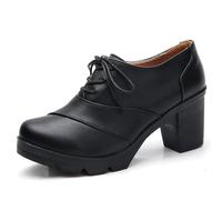 PPXID Women's Leather Lace-up Wingtips Block Heel Oxfords Dress Shoes Black 7 UK