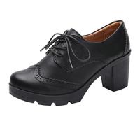 PPXID Women's Leather Lace-up Wingtips Block Heel Oxfords Dress Shoes Brogue Black 8 UK