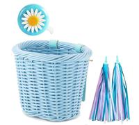 Pqahffowr 1Set Rattan Wicker Bicycle Front Basket+Bell+Tassel+Stickers Adjustable Handwoven Adult Bike Handlebar Accessories Blue