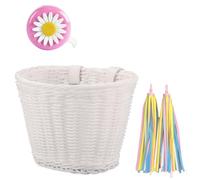 Pqahffowr 1Set Rattan Wicker Bicycle Front Basket+Bell+Tassel+Stickers Adjustable Handwoven Adult Bike Handlebar Accessories White