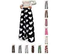 PQCHAOQ Pyjamas Bottoms Womens Flannel Leopard Check Plaid Heart Pattern Lounge Pants Y2K Fluffy Soft Warm Winter Pjs Pant with Pockets & Adjustable Drawstring (L,03-Black)