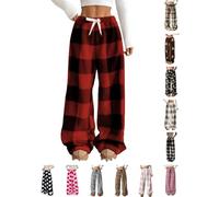 PQCHAOQ Pyjamas Bottoms Womens Flannel Leopard Check Plaid Heart Pattern Lounge Pants Y2K Fluffy Soft Warm Winter Pjs Pant with Pockets & Adjustable Drawstring (L,10-Red)