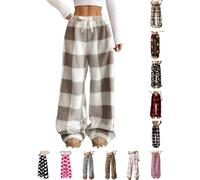 PQCHAOQ Pyjamas Bottoms Womens Flannel Leopard Check Plaid Heart Pattern Lounge Pants Y2K Fluffy Soft Warm Winter Pjs Pant with Pockets & Adjustable Drawstring (M,10-Khaki)