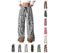 PQCHAOQ Pyjamas Bottoms Womens Flannel Leopard Check Plaid Heart Pattern Lounge Pants Y2K Fluffy Soft Warm Winter Pjs Pant with Pockets & Adjustable Drawstring (S,01-Black)
