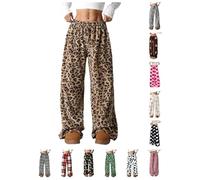 PQCHAOQ Pyjamas Bottoms Womens Flannel Leopard Check Plaid Heart Pattern Lounge Pants Y2K Fluffy Soft Warm Winter Pjs Pant with Pockets & Adjustable Drawstring (XL,02-Brown)