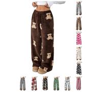 PQCHAOQ Pyjamas Bottoms Womens Flannel Leopard Check Plaid Heart Pattern Lounge Pants Y2K Fluffy Soft Warm Winter Pjs Pant with Pockets & Adjustable Drawstring (XL,06-Brown)