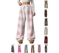 PQCHAOQ Pyjamas Bottoms Womens Flannel Leopard Check Plaid Heart Pattern Lounge Pants Y2K Fluffy Soft Warm Winter Pjs Pant with Pockets & Adjustable Drawstring (M,10-Pink)