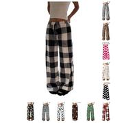 PQCHAOQ Pyjamas Bottoms Womens Flannel Leopard Check Plaid Heart Pattern Lounge Pants Y2K Fluffy Soft Warm Winter Pjs Pant with Pockets & Adjustable Drawstring (M,04-Black)
