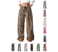 PQCHAOQ Pyjamas Bottoms Womens Flannel Leopard Check Plaid Heart Pattern Lounge Pants Y2K Fluffy Soft Warm Winter Pjs Pant with Pockets & Adjustable Drawstring (XL,01-Brown)