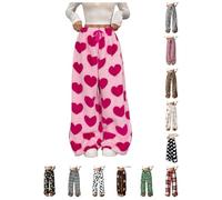 PQCHAOQ Pyjamas Bottoms Womens Flannel Leopard Check Plaid Heart Pattern Lounge Pants Y2K Fluffy Soft Warm Winter Pjs Pant with Pockets & Adjustable Drawstring (M,03-Pink)