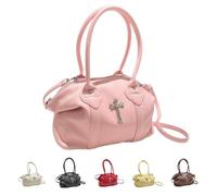 PQCHAOQ Y2K Gothic Cross Handbag, Aesthetic Grunge Subversive Shoulder Bag, Cyber Punk PU Leather Large Capacity Hobo Tote (Pink)