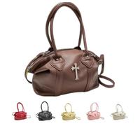 PQCHAOQ Y2K Gothic Cross Handbag, Aesthetic Grunge Subversive Shoulder Bag, Cyber Punk PU Leather Large Capacity Hobo Tote (Brown)