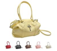 PQCHAOQ Y2K Gothic Cross Handbag, Aesthetic Grunge Subversive Shoulder Bag, Cyber Punk PU Leather Large Capacity Hobo Tote (Yellow)