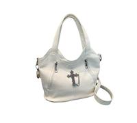 PQCHAOQ Y2K Gothic Cross Handbag, Aesthetic Grunge Subversive Shoulder Bag, Cyber Punk PU Leather Large Capacity Hobo Tote (White-01)