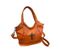 PQCHAOQ Y2K Gothic Cross Handbag, Aesthetic Grunge Subversive Shoulder Bag, Cyber Punk PU Leather Large Capacity Hobo Tote (Orange)