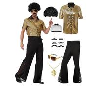 PQCXXA Men's 70s Disco Costume Set - Gold Sequin Shirt & Black Flared Trousers with Dollar Necklace, Sunglasses, Afro Wig & Moustache - Retro 1970s Fancy Dress Outfit for Men (Gold, L)