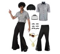 PQCXXA Men's 70s Disco Costume Set - Gold Sequin Shirt & Black Flared Trousers with Dollar Necklace, Sunglasses, Afro Wig & Moustache - Retro 1970s Fancy Dress Outfit for Men (Silver, L)
