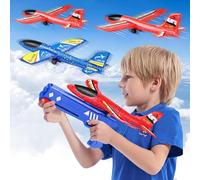 PQETBV Polystyrene Airplane with Pistol Catapult, 4 Pack Foam Flying Airplane, Foam Glider, Outdoor Indoor Garden Interactive Gift Christmas Birthday Boy Girl 3-12 Years