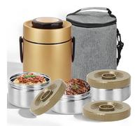 PQHIQ 1980 ml Thermal for Hot Food, 3 Layered Stackable Insulated Lunch Box, Soup Thermal Jar Comes with an Insulated Bag, Suitable for Office lunches and Outdoor Dining, Among Other uses (Gold)