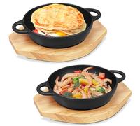 PQHIQ 2 Set Mini Cast Iron Skillet Pans with Wooden Base, 15 cm Small Round Casserole Dishes Hot Dish Pans for Baking Camembert, Tapas, Frittata, Steak, Lasagne, Hot Starters and Oven or BBQ Cooking