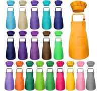 PQHIQ 20 Pcs Kids Apron and 20 Pcs Chef Hat Set Aprons with 2 Pockets Adjustable Chef Apron Cooking Painting Aprons Art Apron and Hats for Kitchen (20 colors, 61 x 43 cm)
