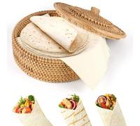 PQHIQ 26.4 cm Tortilla Warmer Basket with 2 Pcs Cotton Towel Cloth and Lid Rattan Tortilla Holder Rustic Mexican Basket for Taco Pancake Bread Tuesday Night, Mexican Party