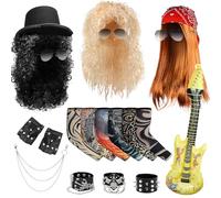 PQHIQ 3 Set Rockstar Fancy Dress, Glam 80s 90s Men Costume Outfit with Heavy Metal Wigs Vintage Headband Sunglasses Gloves Tattoo Sleeves Rock Hard Rocker Accessories World Book Day Costumes