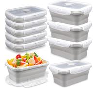 PQHIQ 8 Pack 550ml Silicone Collapsible Food Storage Containers Rectangle Meal Prep Container with Vent Lids Foldable Lunch Box for Camping Kitchen Microwave Dishwasher Freezer Safe (Gray)