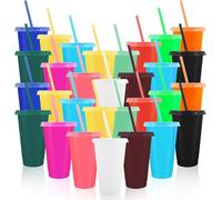 PQHIQ Plastic Tumblers with Lids and Straws, 30 Pcs Reusable Cups with Lids Plastic Colorful Cups for Parties Birthdays, Iced Coffee Cup Travel Mug Cold Drink Cups Bulk Tumblers (700 ml)